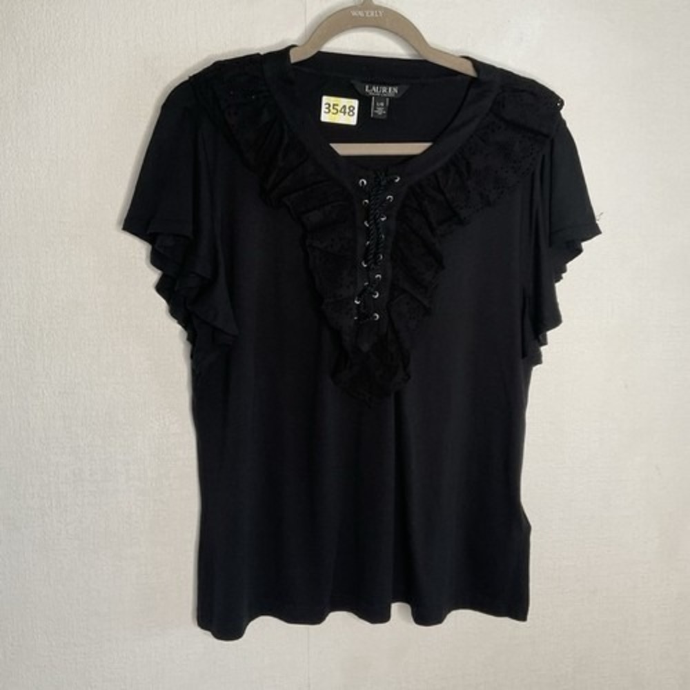 Lauren Ralph Lauren Lace Up Ruffle Trim Short Sleev Jersey T-Shirt Women L India